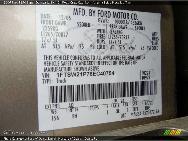 2006 F250 Super Duty Lariat FX4 Off Road Crew Cab 4x4 Arizona Beige Metallic Color Code AQ