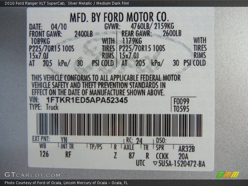 Silver Metallic / Medium Dark Flint 2010 Ford Ranger XLT SuperCab