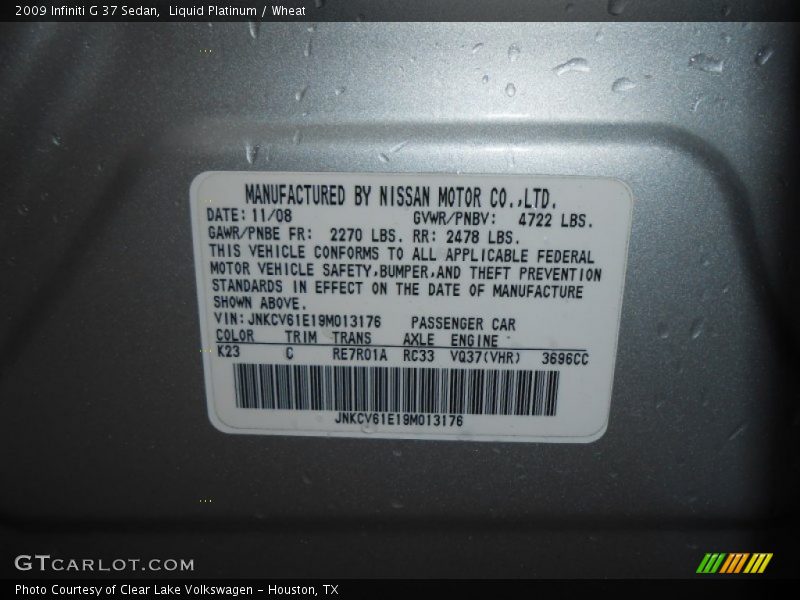 Liquid Platinum / Wheat 2009 Infiniti G 37 Sedan