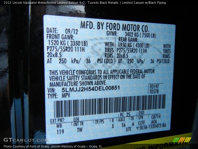 2013 Navigator Monochrome Limited Edition 4x2 Tuxedo Black Metallic Color Code UH