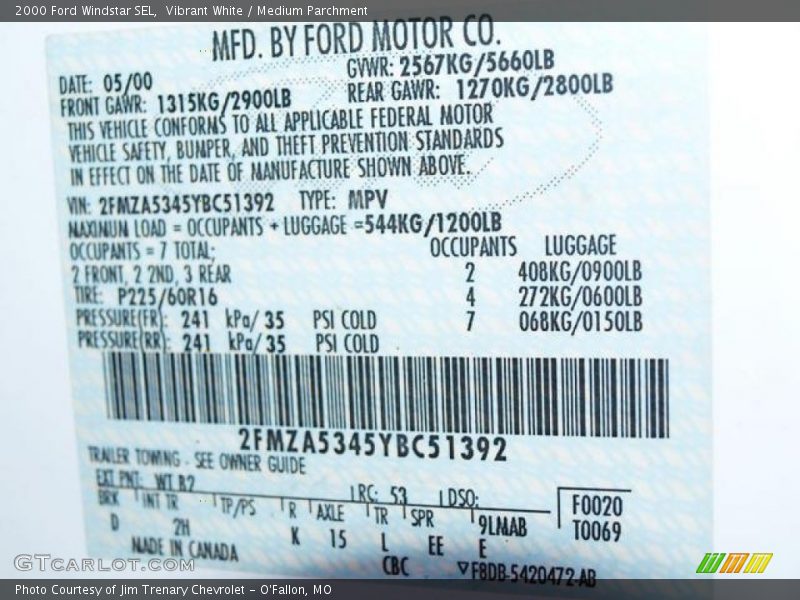 Vibrant White / Medium Parchment 2000 Ford Windstar SEL