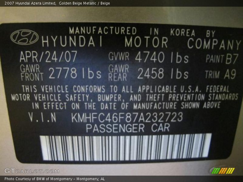 Golden Beige Metallic / Beige 2007 Hyundai Azera Limited