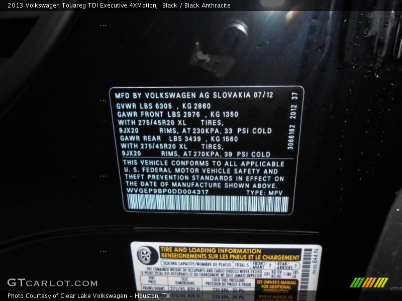 Black / Black Anthracite 2013 Volkswagen Touareg TDI Executive 4XMotion