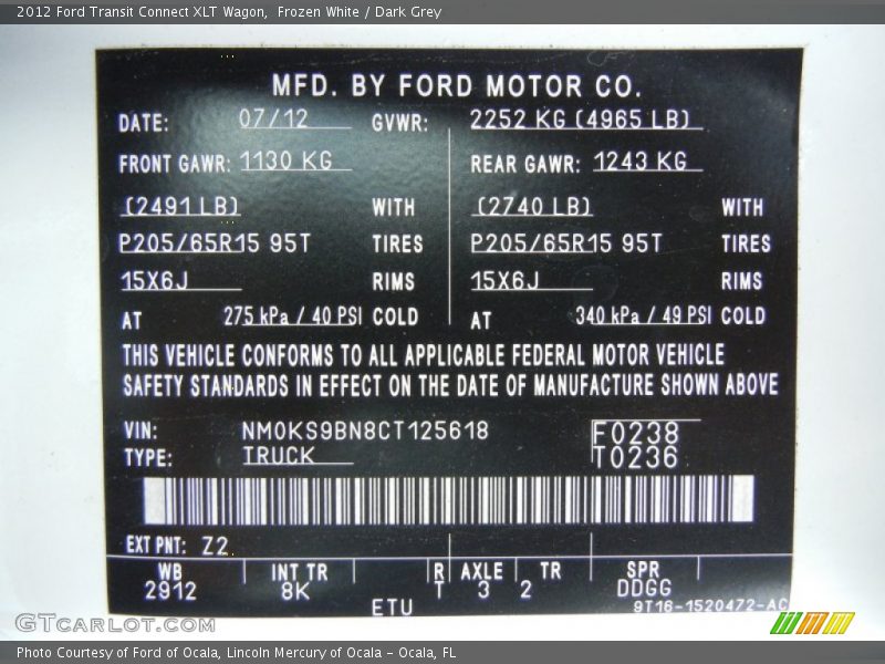 2012 Transit Connect XLT Wagon Frozen White Color Code Z2