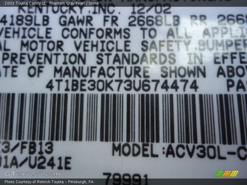 Phantom Gray Pearl / Stone 2003 Toyota Camry LE