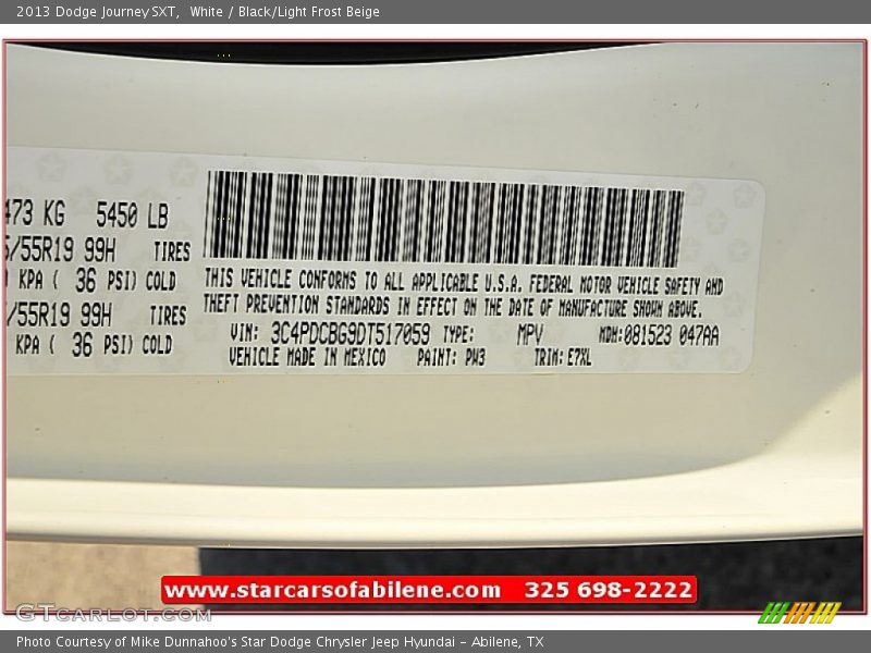 White / Black/Light Frost Beige 2013 Dodge Journey SXT