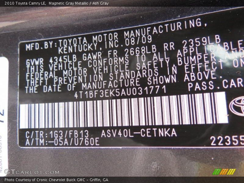 Magnetic Gray Metallic / Ash Gray 2010 Toyota Camry LE
