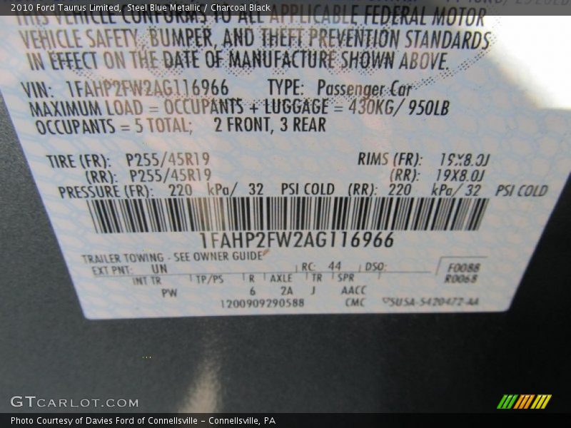 Steel Blue Metallic / Charcoal Black 2010 Ford Taurus Limited
