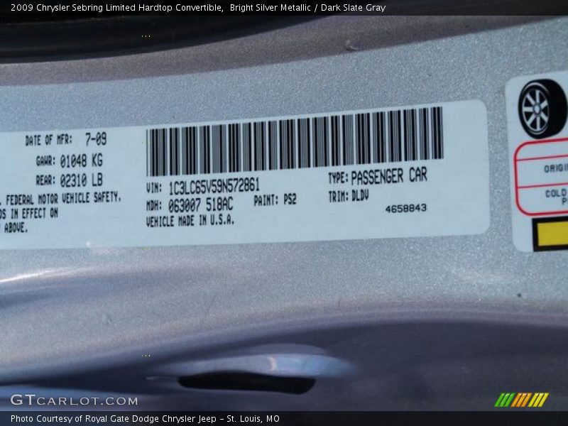 Bright Silver Metallic / Dark Slate Gray 2009 Chrysler Sebring Limited Hardtop Convertible