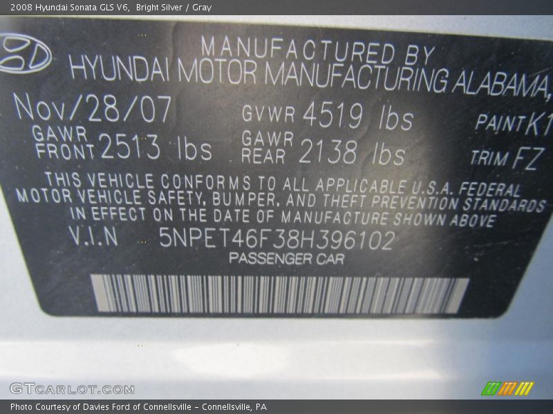 Bright Silver / Gray 2008 Hyundai Sonata GLS V6