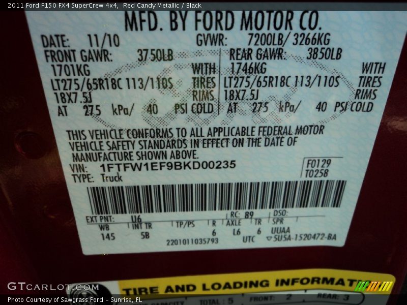 2011 F150 FX4 SuperCrew 4x4 Red Candy Metallic Color Code U6
