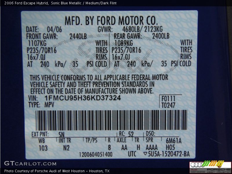 Sonic Blue Metallic / Medium/Dark Flint 2006 Ford Escape Hybrid