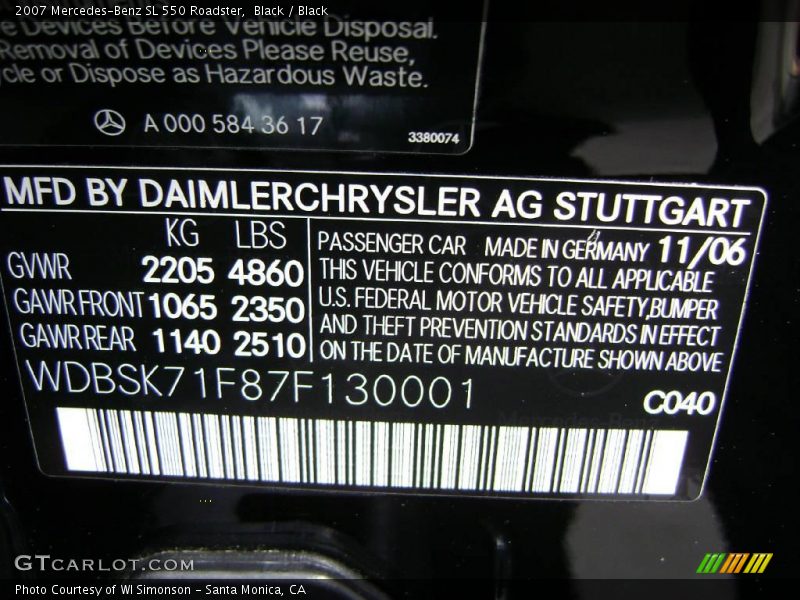 Black / Black 2007 Mercedes-Benz SL 550 Roadster