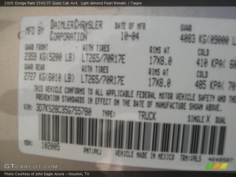 2005 Ram 2500 ST Quad Cab 4x4 Light Almond Pearl Metallic Color Code PKJ