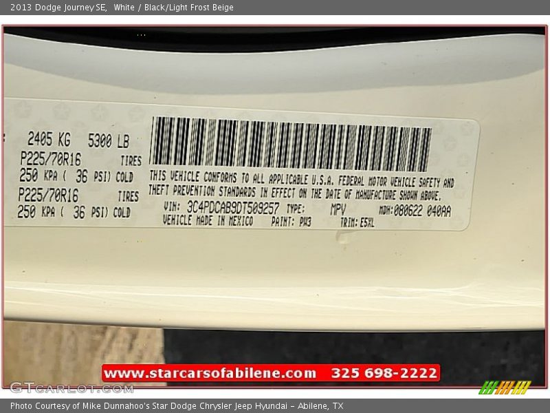 White / Black/Light Frost Beige 2013 Dodge Journey SE