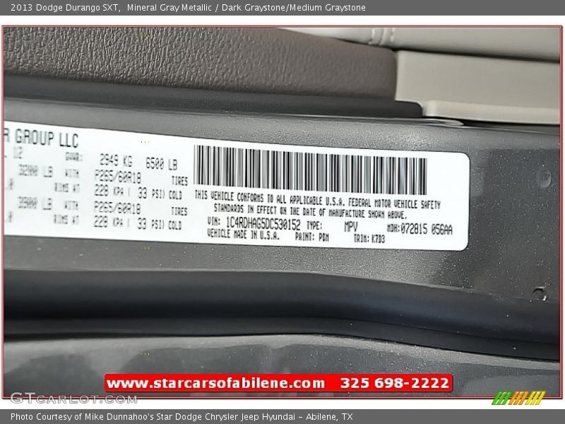 Mineral Gray Metallic / Dark Graystone/Medium Graystone 2013 Dodge Durango SXT