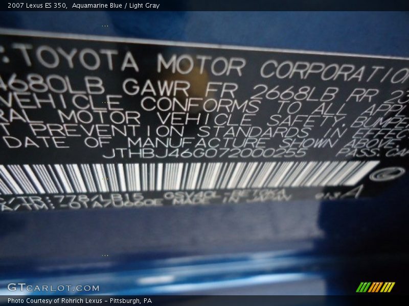 Aquamarine Blue / Light Gray 2007 Lexus ES 350