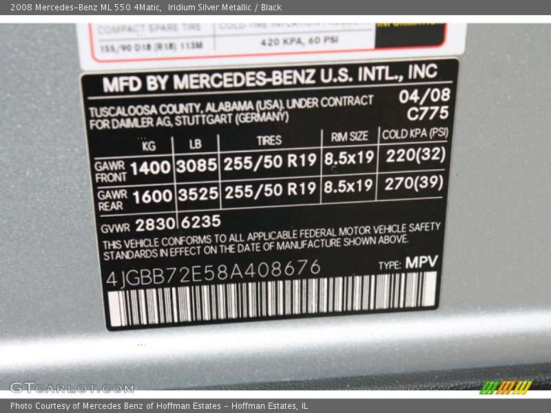 Iridium Silver Metallic / Black 2008 Mercedes-Benz ML 550 4Matic