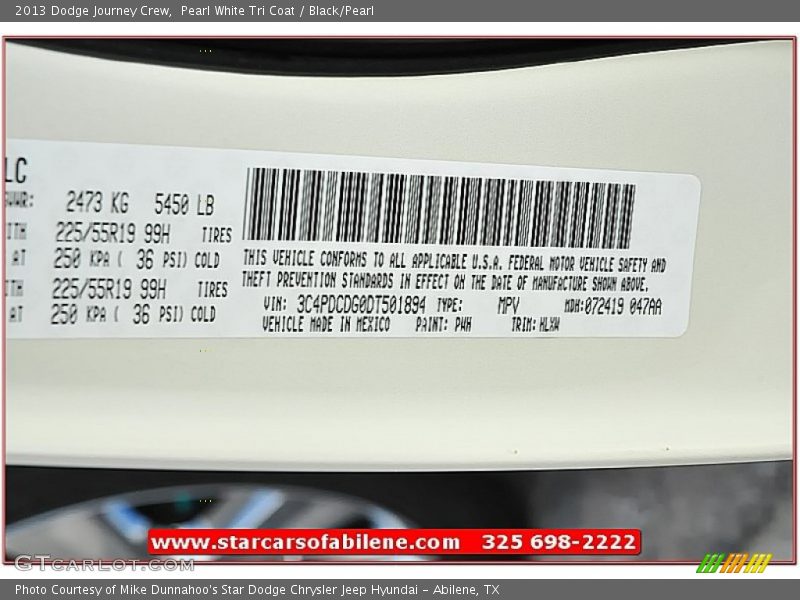 Pearl White Tri Coat / Black/Pearl 2013 Dodge Journey Crew