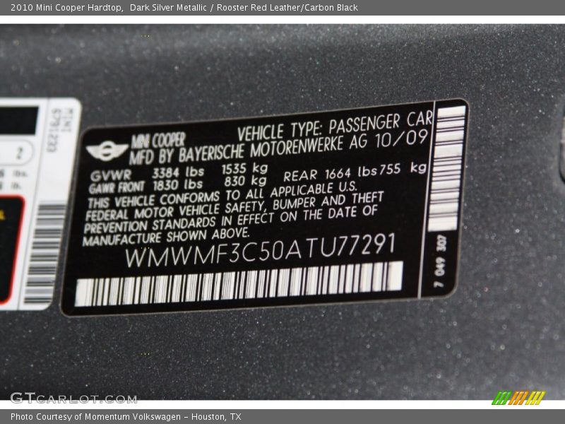 Dark Silver Metallic / Rooster Red Leather/Carbon Black 2010 Mini Cooper Hardtop