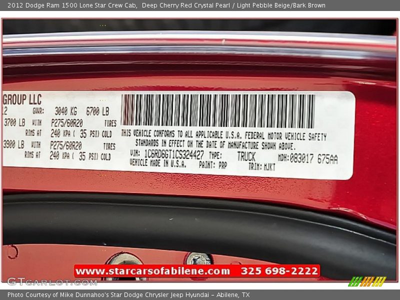 Deep Cherry Red Crystal Pearl / Light Pebble Beige/Bark Brown 2012 Dodge Ram 1500 Lone Star Crew Cab