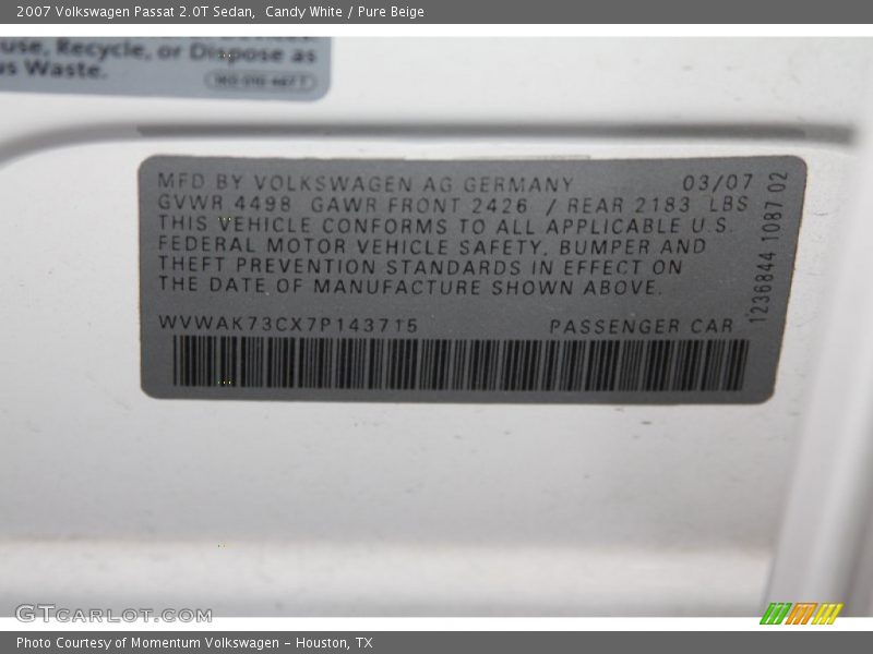 Candy White / Pure Beige 2007 Volkswagen Passat 2.0T Sedan