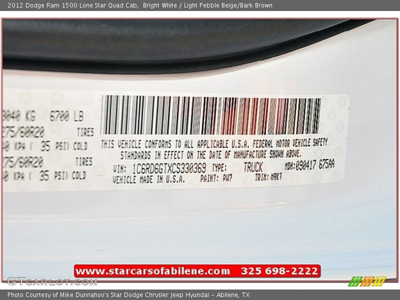 Bright White / Light Pebble Beige/Bark Brown 2012 Dodge Ram 1500 Lone Star Quad Cab