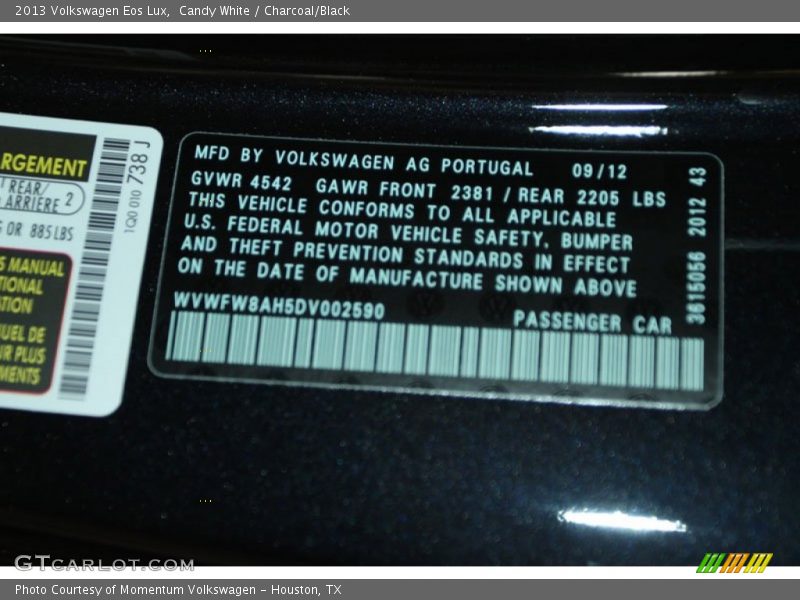 Candy White / Charcoal/Black 2013 Volkswagen Eos Lux