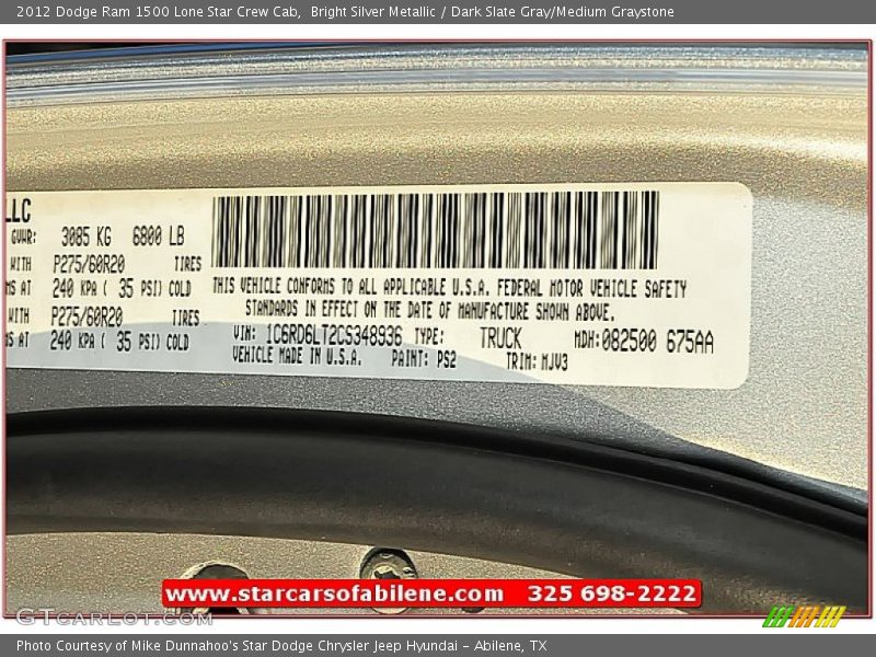 Bright Silver Metallic / Dark Slate Gray/Medium Graystone 2012 Dodge Ram 1500 Lone Star Crew Cab