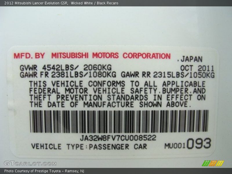 Wicked White / Black Recaro 2012 Mitsubishi Lancer Evolution GSR