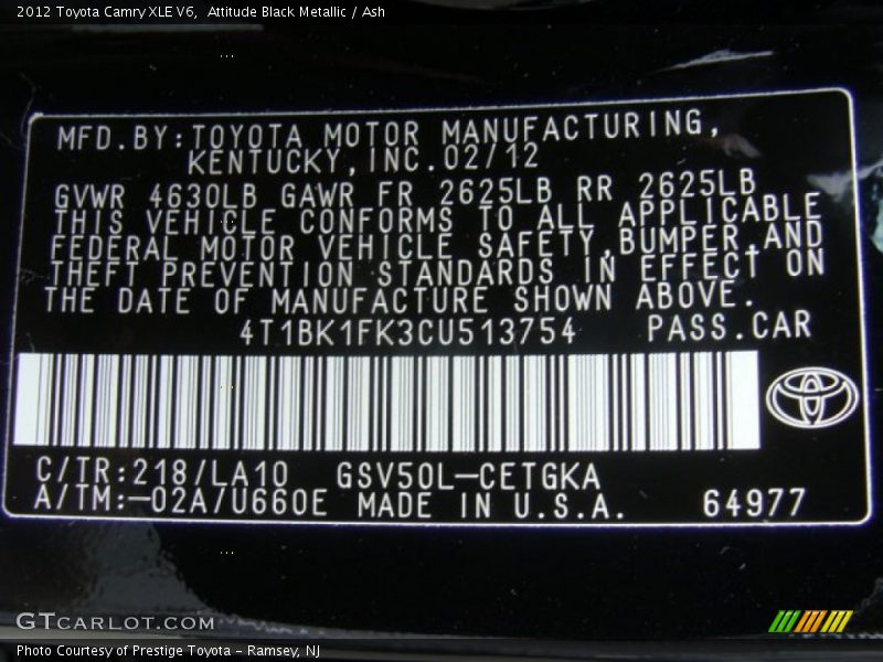 Attitude Black Metallic / Ash 2012 Toyota Camry XLE V6