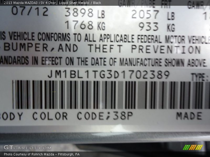 2013 MAZDA3 i SV 4 Door Liquid Silver Metallic Color Code 38P