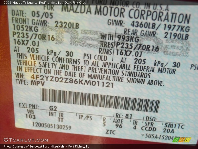 Redfire Metallic / Dark Flint Gray 2006 Mazda Tribute s