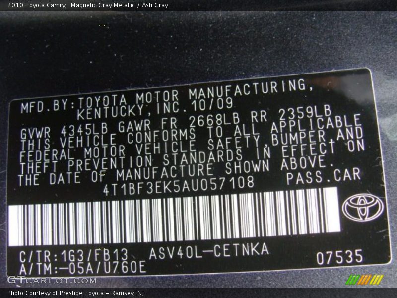 Magnetic Gray Metallic / Ash Gray 2010 Toyota Camry