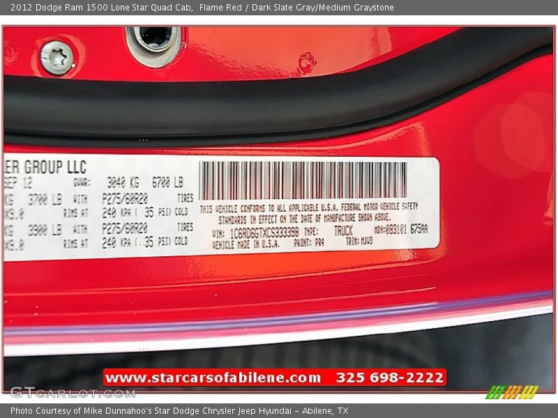 Flame Red / Dark Slate Gray/Medium Graystone 2012 Dodge Ram 1500 Lone Star Quad Cab
