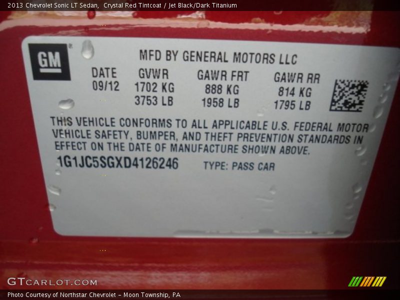 Crystal Red Tintcoat / Jet Black/Dark Titanium 2013 Chevrolet Sonic LT Sedan