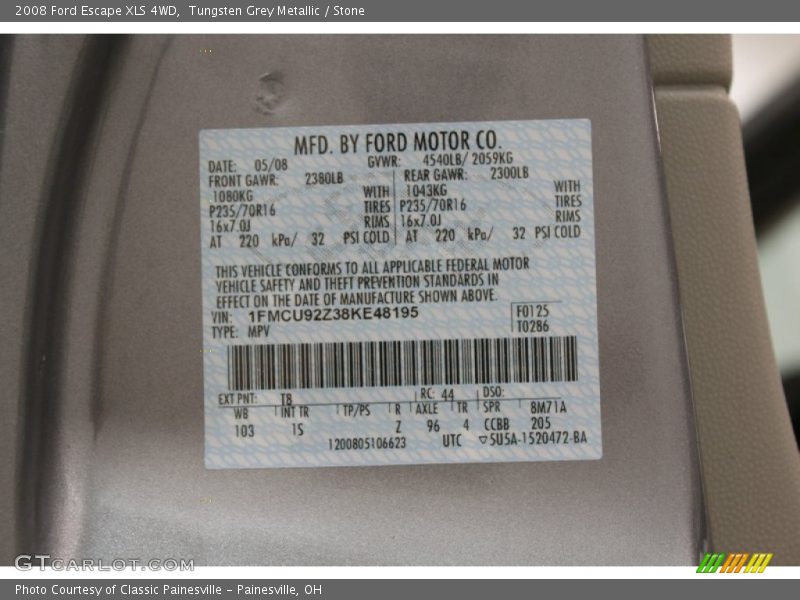 Tungsten Grey Metallic / Stone 2008 Ford Escape XLS 4WD