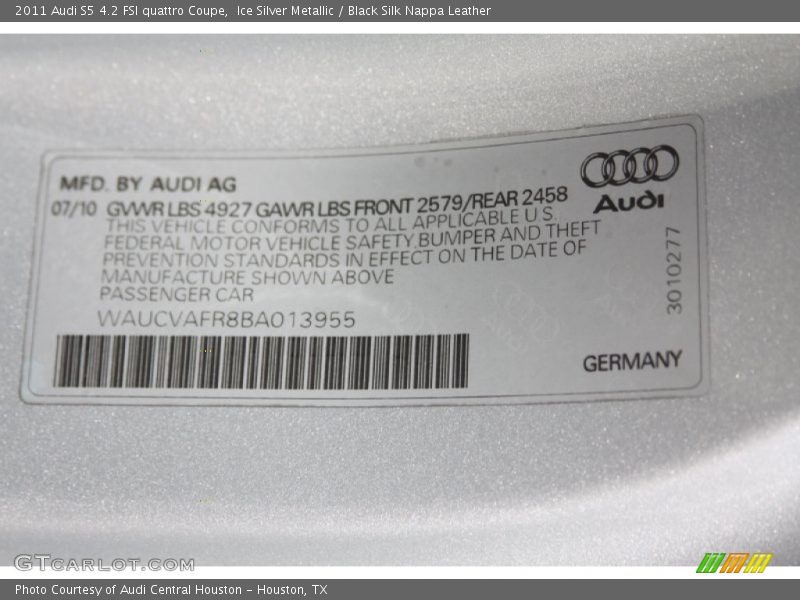 Ice Silver Metallic / Black Silk Nappa Leather 2011 Audi S5 4.2 FSI quattro Coupe