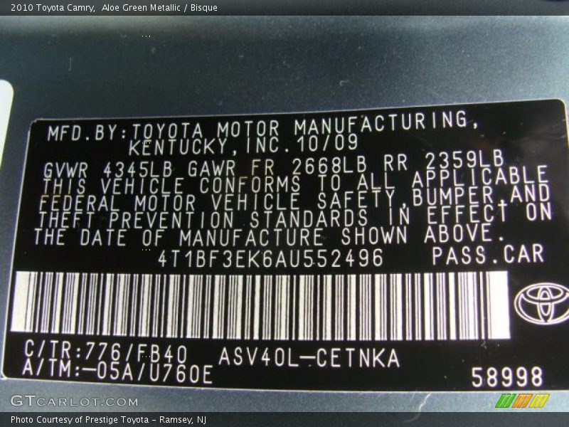Aloe Green Metallic / Bisque 2010 Toyota Camry