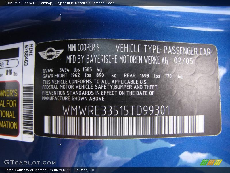 Hyper Blue Metallic / Panther Black 2005 Mini Cooper S Hardtop