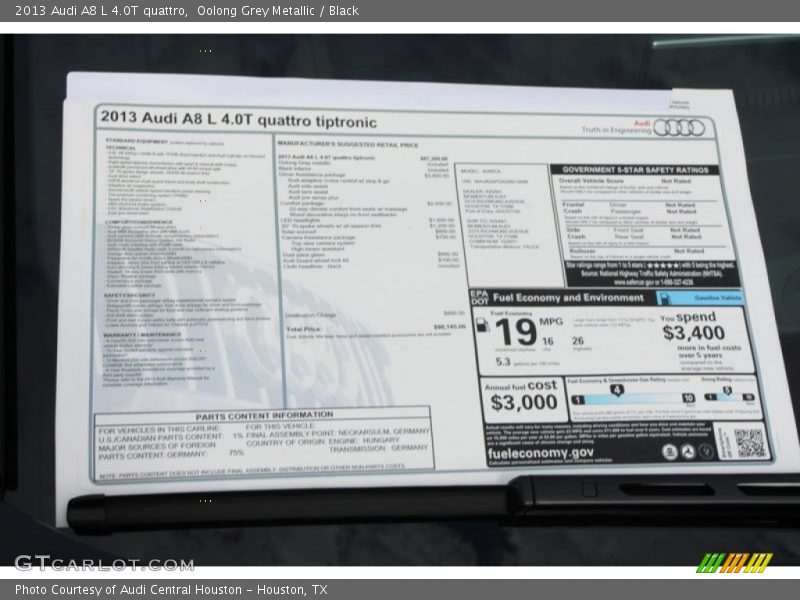  2013 A8 L 4.0T quattro Window Sticker