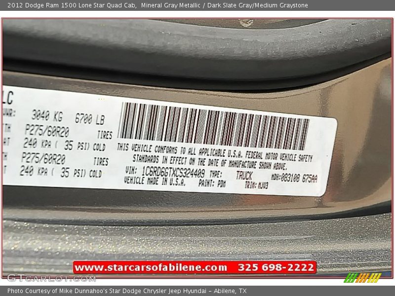 Mineral Gray Metallic / Dark Slate Gray/Medium Graystone 2012 Dodge Ram 1500 Lone Star Quad Cab
