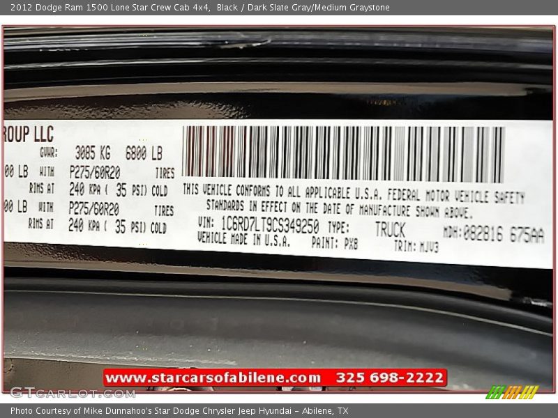 Black / Dark Slate Gray/Medium Graystone 2012 Dodge Ram 1500 Lone Star Crew Cab 4x4
