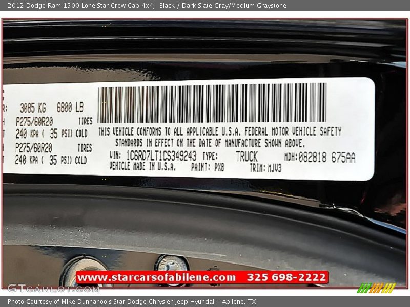 Black / Dark Slate Gray/Medium Graystone 2012 Dodge Ram 1500 Lone Star Crew Cab 4x4
