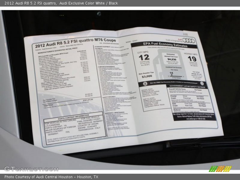  2012 R8 5.2 FSI quattro Window Sticker
