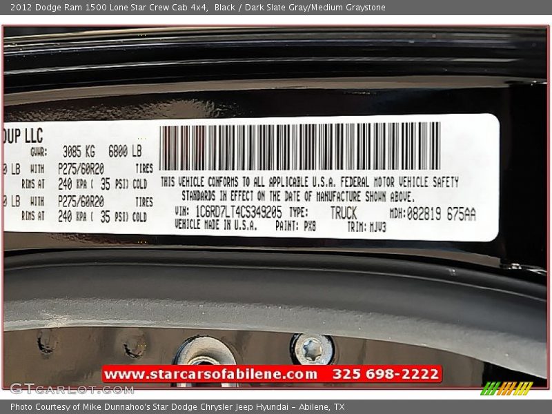 Black / Dark Slate Gray/Medium Graystone 2012 Dodge Ram 1500 Lone Star Crew Cab 4x4
