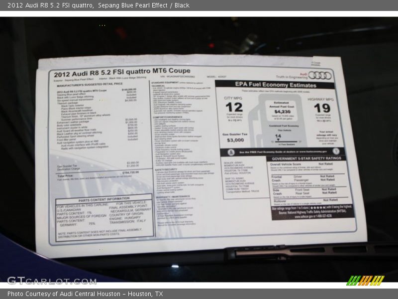  2012 R8 5.2 FSI quattro Window Sticker