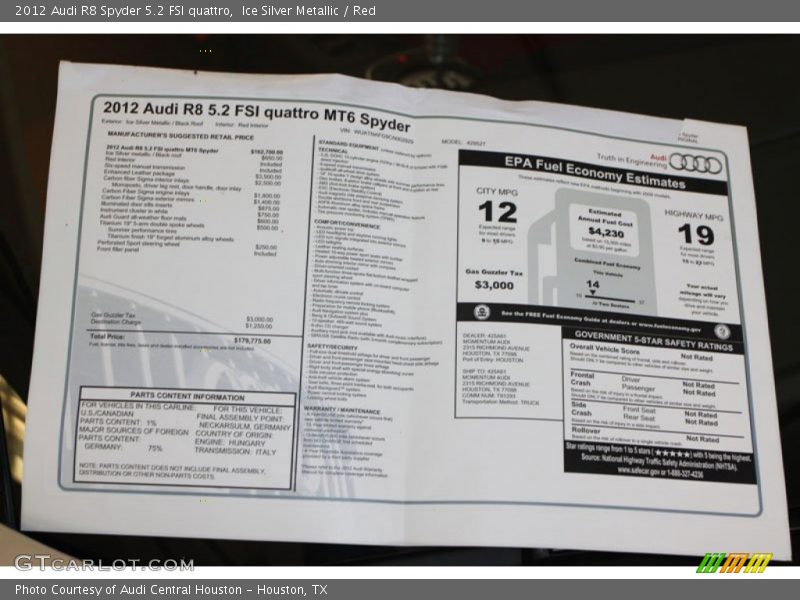  2012 R8 Spyder 5.2 FSI quattro Window Sticker