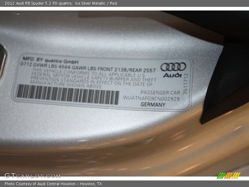 Info Tag of 2012 R8 Spyder 5.2 FSI quattro