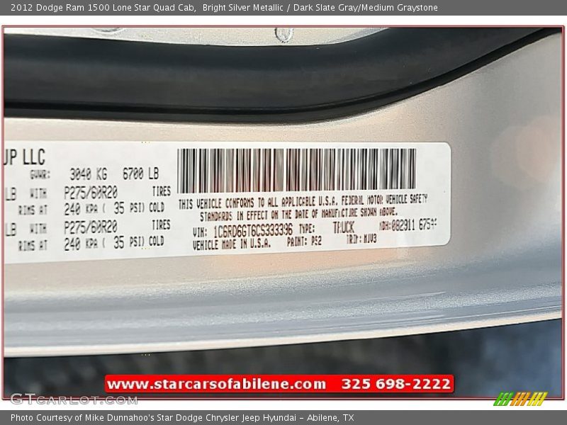 Bright Silver Metallic / Dark Slate Gray/Medium Graystone 2012 Dodge Ram 1500 Lone Star Quad Cab